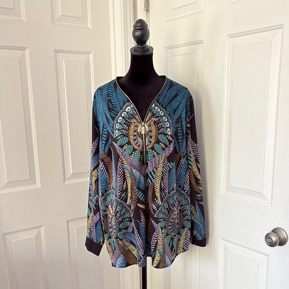 Bob Mackie Blue Green Long Sleeve Graphic Blouse - Picture 1 of 13